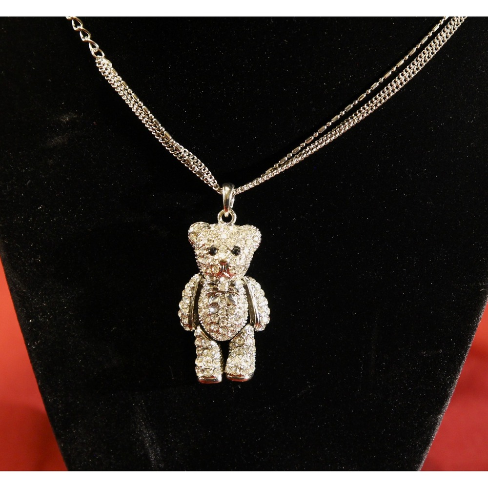 Vintage Silver-tone Crystal Teddy Bear pendant Necklace signed "CN"  (A5)